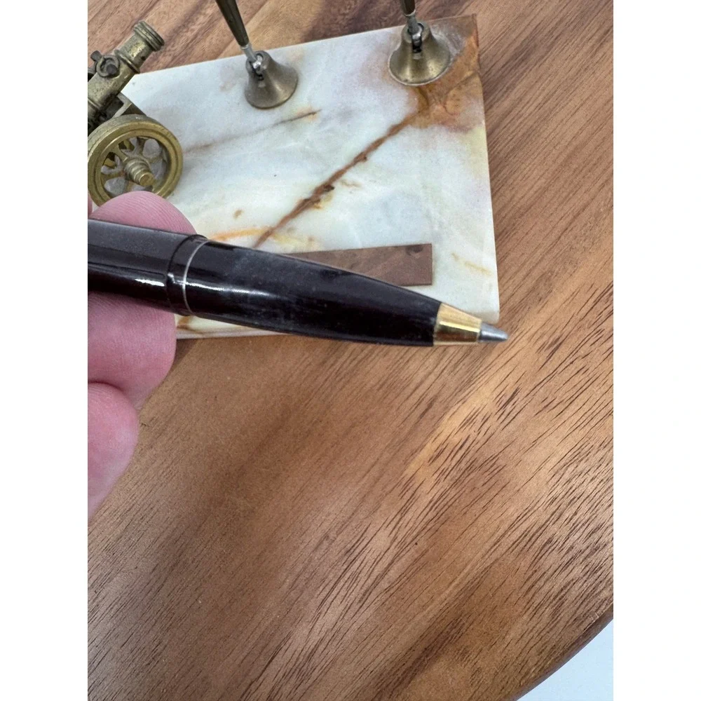 Vintage Onyx Marble Desk Set Brass Cannon Double Pen Stand Executive Office